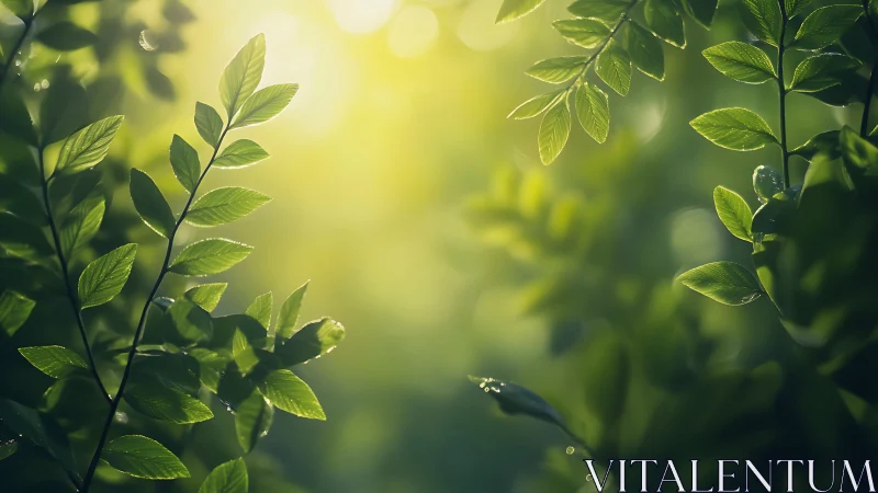 Sunlit green leaves in morning forest, soft focus nature photography.