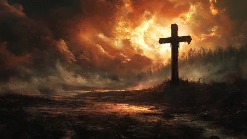 Storm-lit wooden cross stands calm beneath a blazing sky