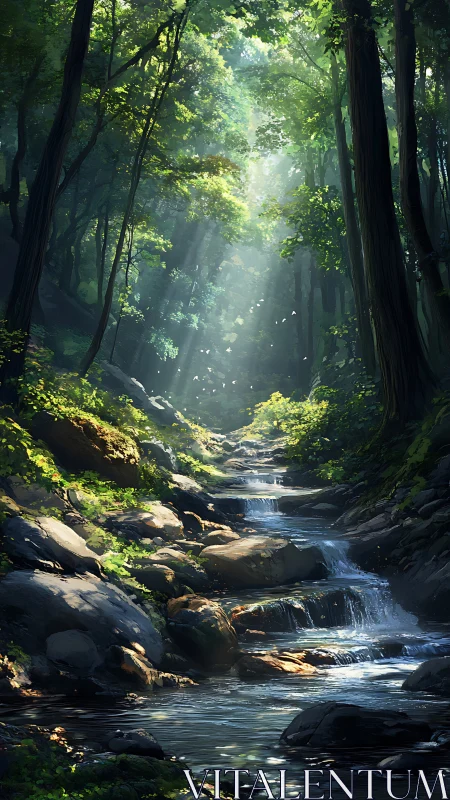 Sunlit Forest Stream: Nature's Peaceful Refuge