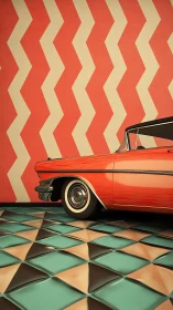 Retro orange car rests against bold zigzag interior backdrop.