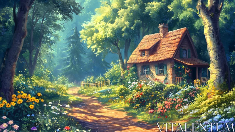 Sunlit forest cottage with flower-lined dirt path in summer light