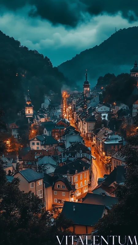 Amber-lit valley town glows beneath brooding storm clouds.