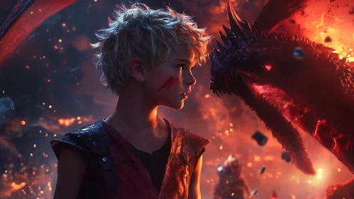 Cinematic 3D portrait of boy confronting fire dragon in lava field.