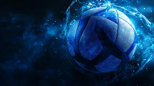 Blue storm soccer sphere surges through liquid starlight.