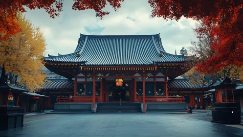 Symmetric autumnal view of Japanese temple courtyard architecture.