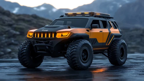 Sunset-ready off-road SUV glowing on misty mountain pass.