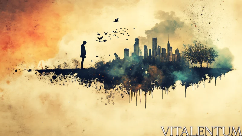 Silhouette observes ink-splatter skyline with trees and birds.