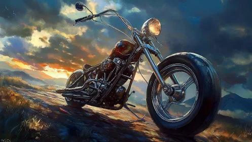 Chrome chopper dominates a stormy, sunset-lit open road.