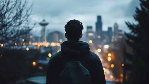 Solitary traveler overlooks moody city skyline at dusk