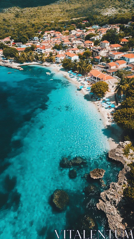 Coastal village with turquoise waters and terracotta roofs.