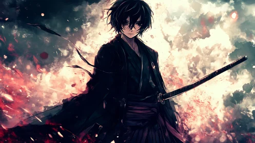 Sword-wielding figure stands before turbulent, abstract sky