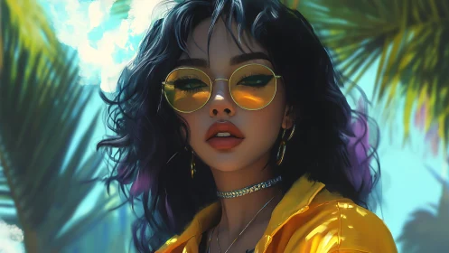 Tropical portrait of woman in yellow lenses under palm canopy