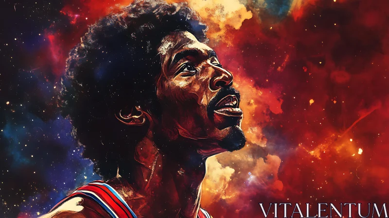 Basketball portrait against vivid cosmic nebula background.