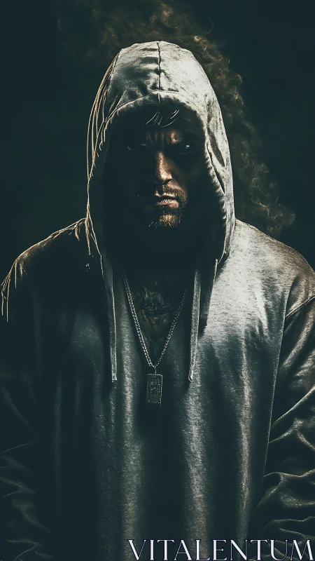 Hooded man stands in low key lighting with intense glare