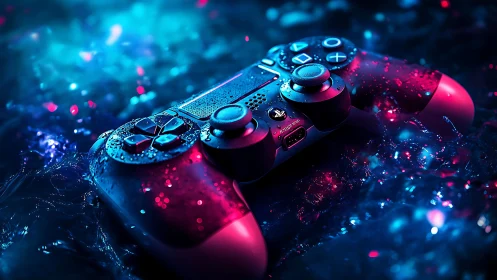 Glowing game controller resting in neon lit water droplets.