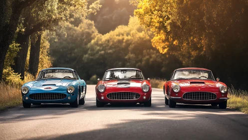 Sunlit trio of vintage sports cars quietly conquers country road