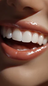 Radiant close-up smile with glossy lips and bright teeth.