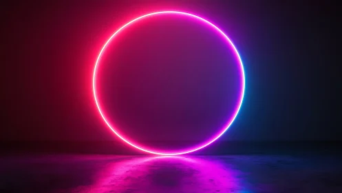 Neon gradient circular light ring in dark reflective studio