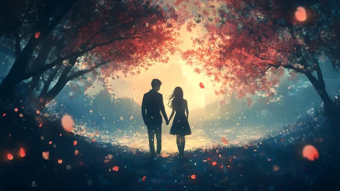 Silhouetted couple beneath autumn foliage with luminous bokeh city backdrop