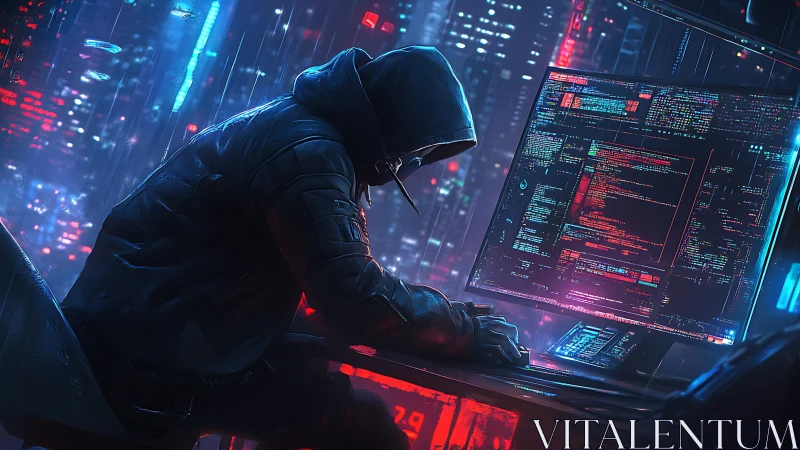 Hooded hacker at glowing workstation in neon city night.