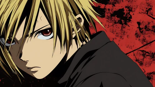 Brooding blonde anime hero framed by bold crimson shadows.
