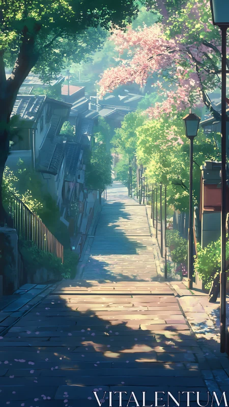 Sunlit hill street framed by cherry blossoms and greenery.