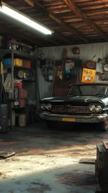 Vintage convertible stored in cluttered mechanic garage interior.