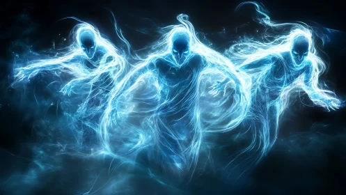 Three luminous humanoid energy forms in motion in darkness.