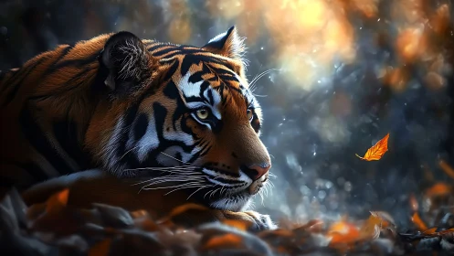 Majestic tiger rests in dreamy forest light as a leaf drifts