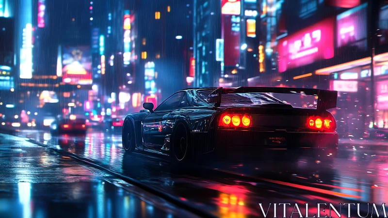 Neon-soaked supercar slices through rainy cyberpunk streets.