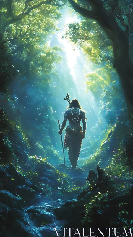 Warrior walks alone through sunlit mystical forest path.