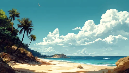 Tropical beach landscape with palm trees and dramatic cumulus clouds