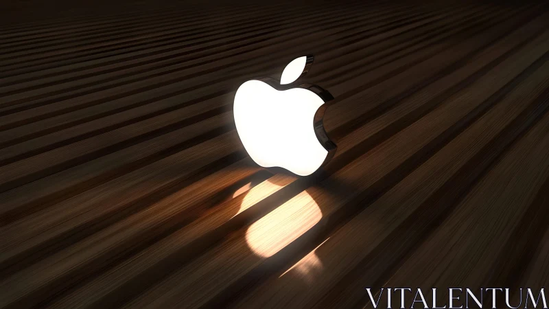 Glowing Apple Logo on Striped Wooden Surface in Modern 3D Style. Glowing Apple Logo on Striped Wooden Surface in Modern 3D Style.