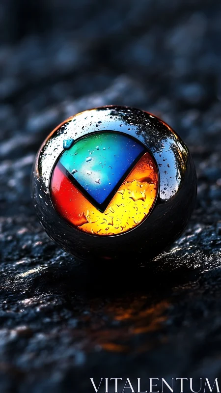 Chromed sphere holds segmented, wet, multicolor emblem