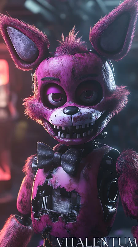 Distressed pink animatronic rabbit character in neon light.