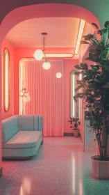 Neon lit lounge corridor shows pastel seating and plants