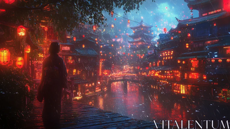 Woman in kimono walks through rainy lantern lit canal street.