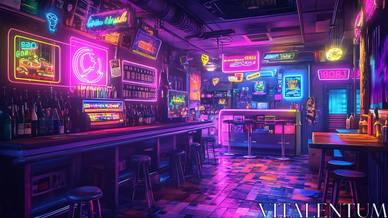 Neon soaked retro bar interior glows in vibrant cyber haze