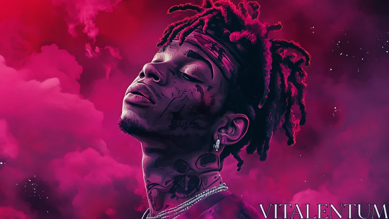 Rap portrait in pink and purple digital vapor clouds.