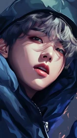 Close cropped digital portrait of hooded person in jacket.