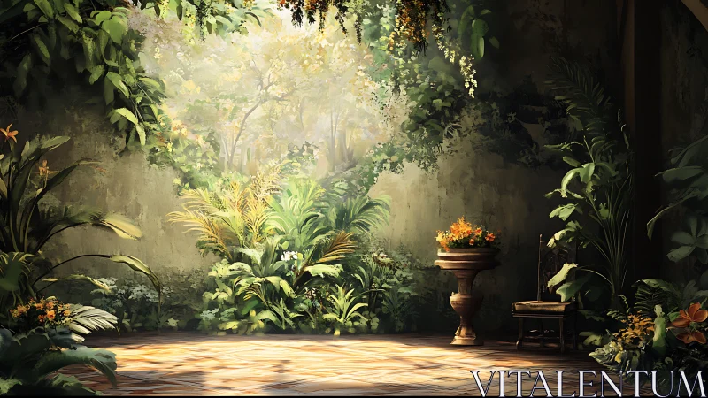 Sunlit botanical atrium with volumetric foliage rendering.