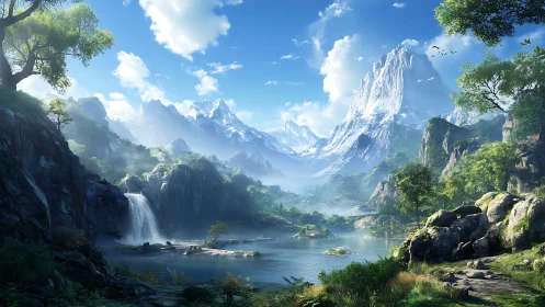 High dynamic range alpine lake panorama with waterfall basin