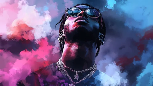 Chromatic vaporwave portrait with reflective skybound gaze.