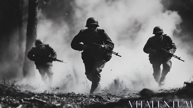 Wartime soldiers charge through smoke in dramatic black and white.