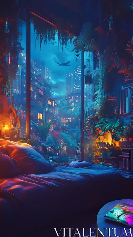 Neon jungle bedroom overlooks luminous futuristic city night