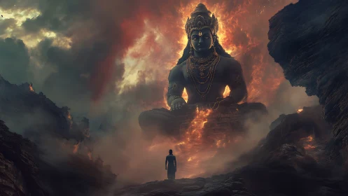Colossal seated deity figure amid fiery mountainous ravine.