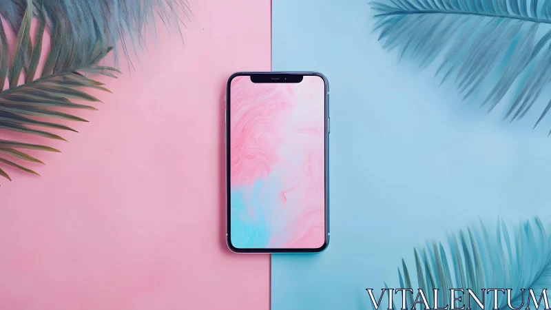Modern smartphone on pastel split background with tropical leaves.