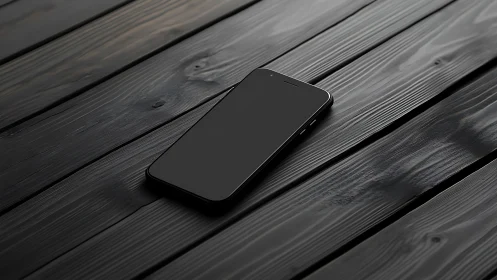 Black smartphone resting on weathered dark wooden planks