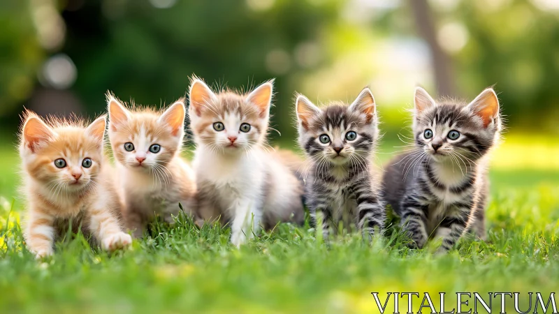 Five kittens on grass in outdoor setting.