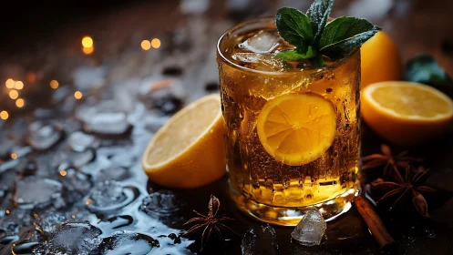 Amber Iced Beverage with Citrus Slice Garnish and Fresh Mint Leaf Composition